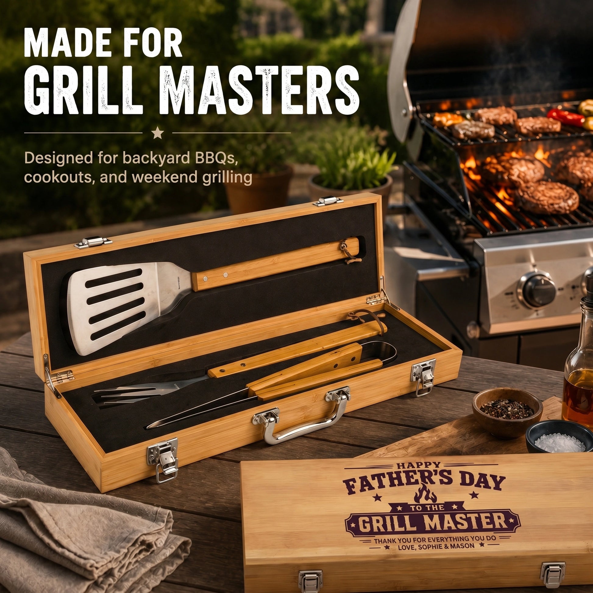Personalized bbq grill set with utensils on background with bbq and outdoor decor