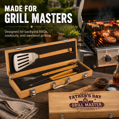 Personalized bbq grill set with utensils on background with bbq and outdoor decor