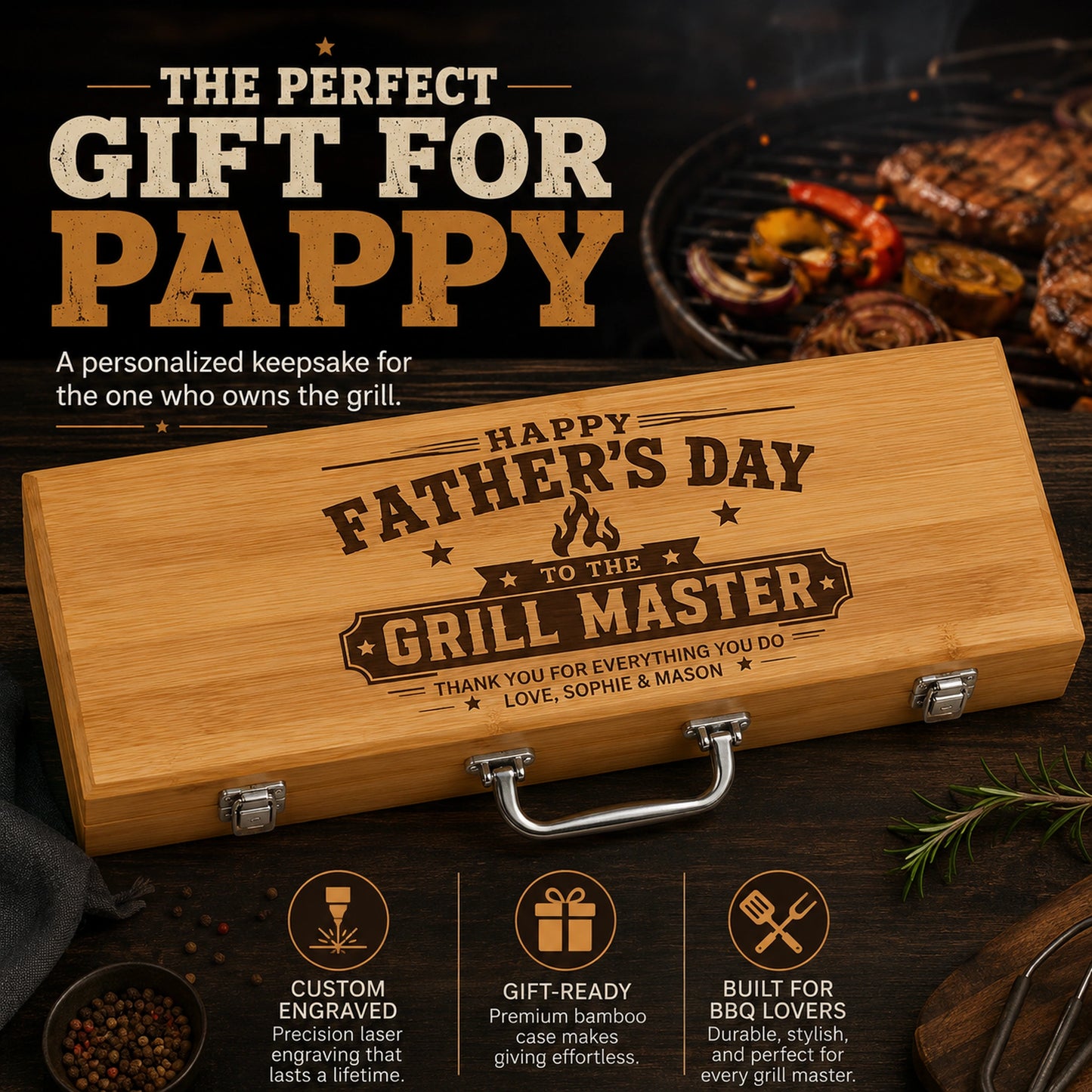 Wooden grill bbq set with engraved message for Father's Day on a grill background
