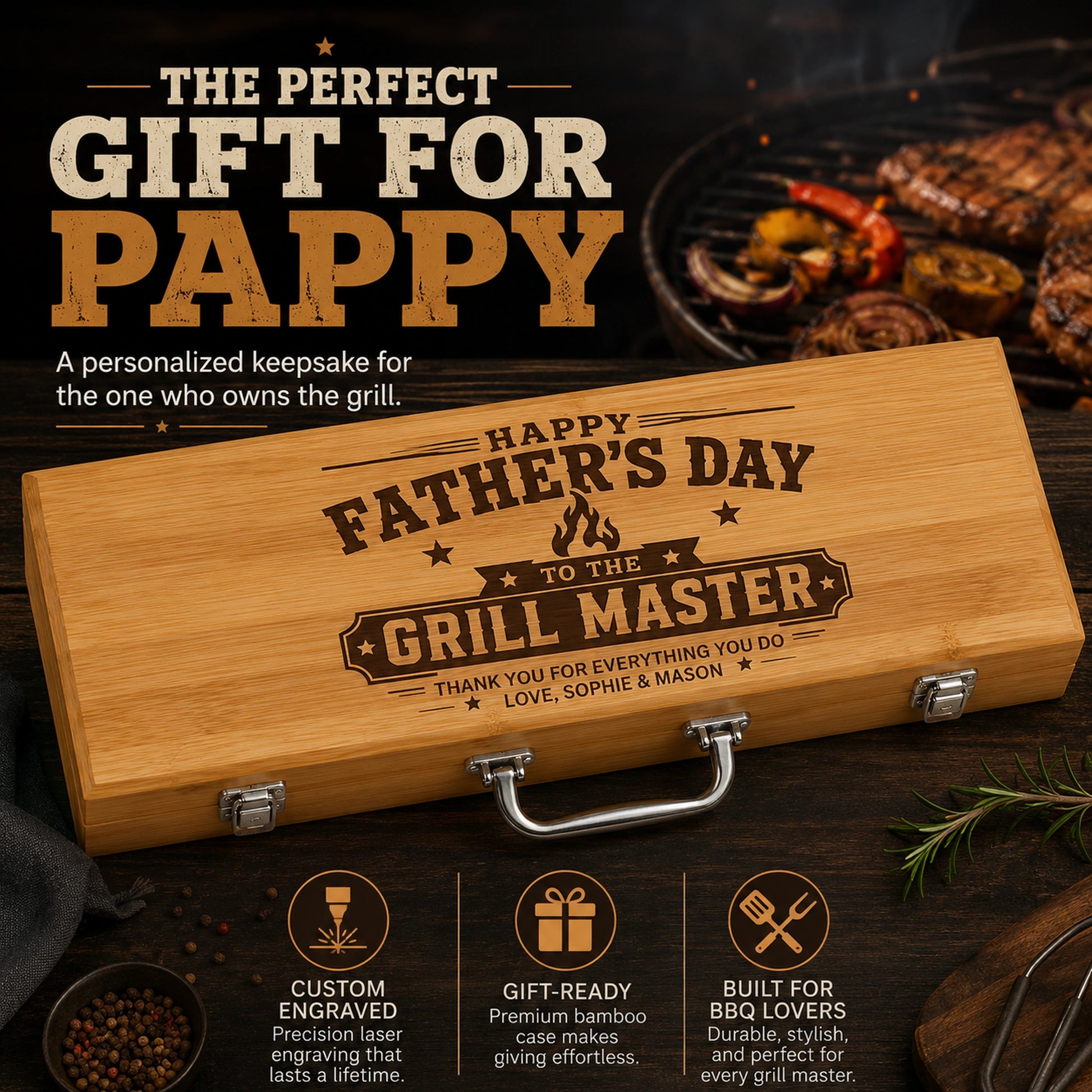 Wooden grill bbq set with engraved message for Father's Day on a grill background
