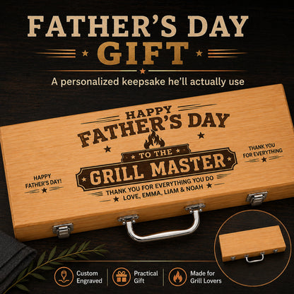 Wooden gift box with engraved message for Father's Day on a dark background