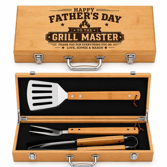 Grill tool set with wooden case for Father's Day gift, featuring a spatula, fork, and knife.