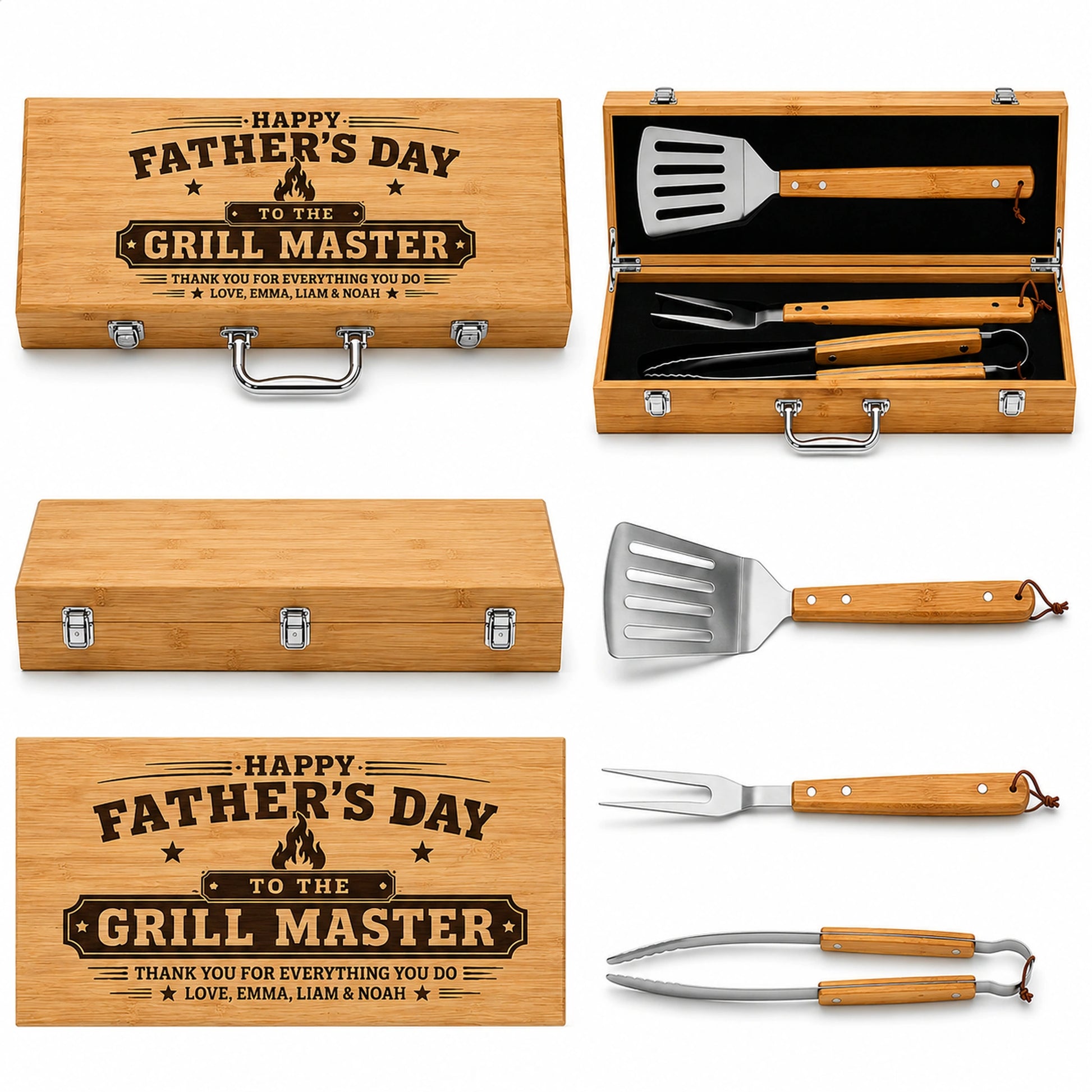 Father's Day grill master tool set with wooden case and utensils.