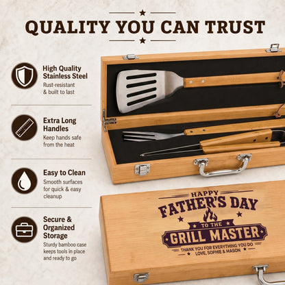 Barbecue tool set in a wooden case with Father's Day message, featuring high-quality stainless steel tools.