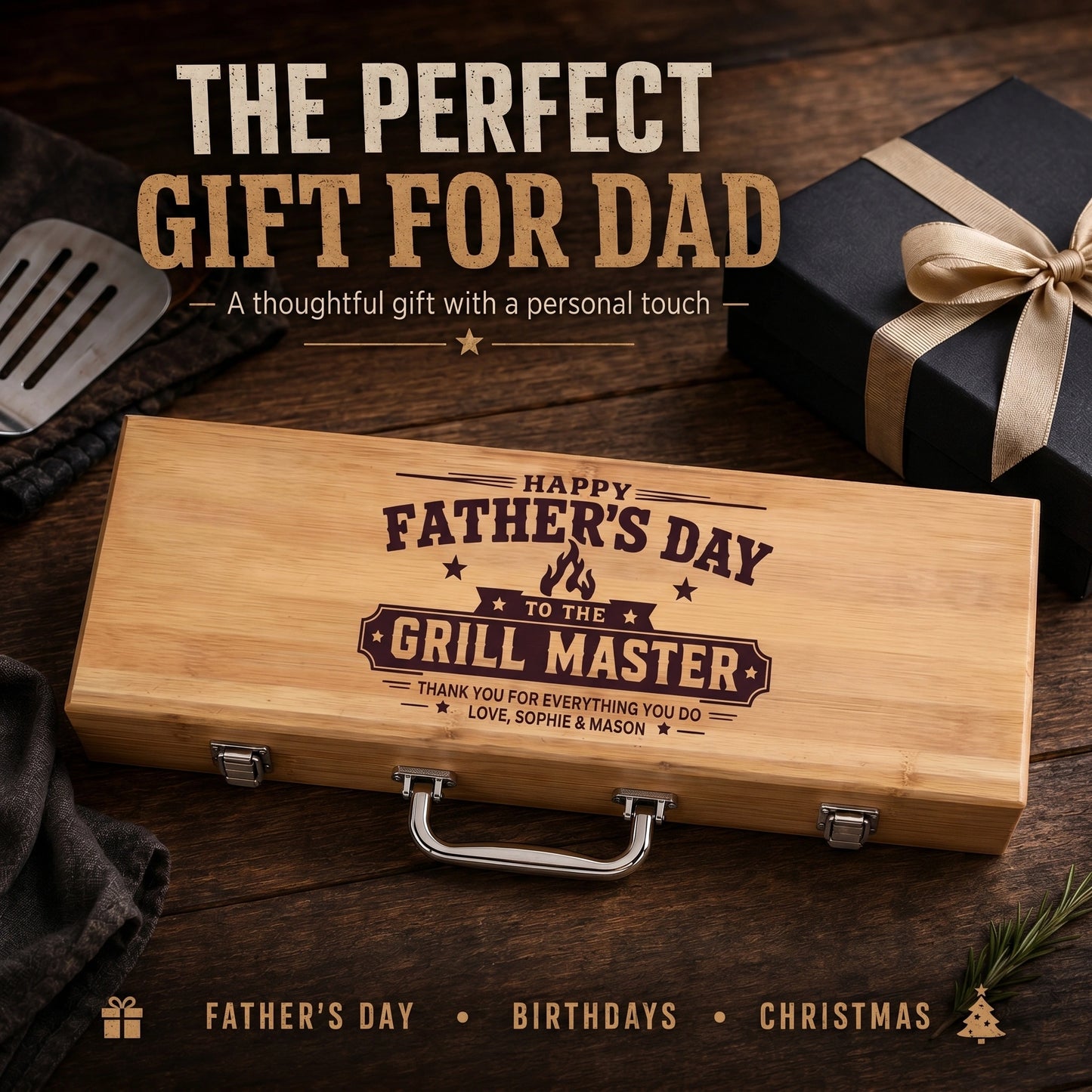 Wooden bbq grill set with 'Happy Father's Day to the Grill Master' engraving on a wooden surface.
