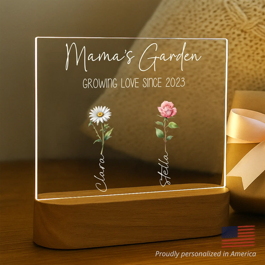Personalized Mom's Garden birth flower night light with watercolor flowers and engraved names on acacia wood base
