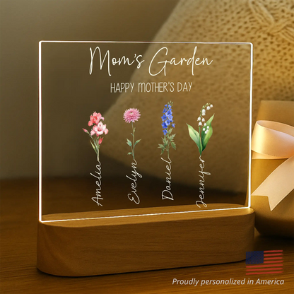 Personalized Mother's Day gift with names of children on a wooden base