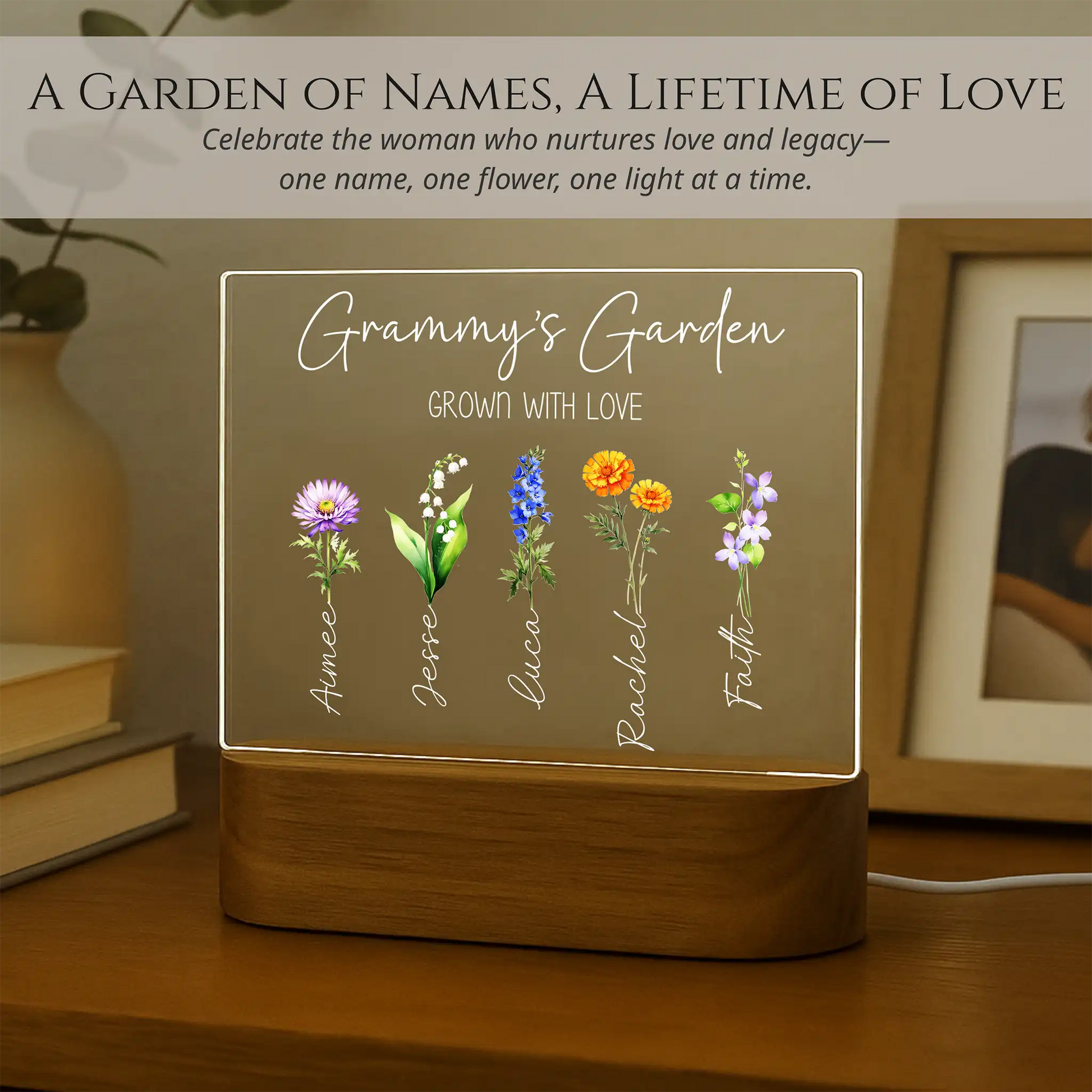 Mom's Garden Where Love Grows night light with watercolor birth flowers paired with engraved names
