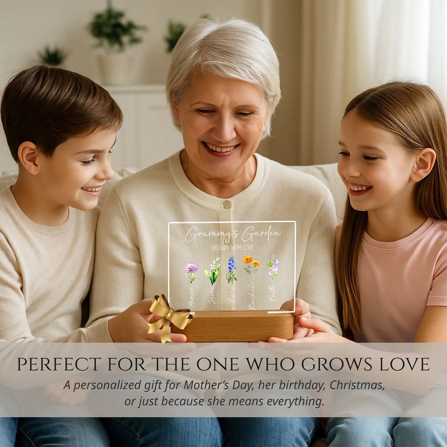 Woman with two children holding a personalized gift, with text about its suitability for special occasions.