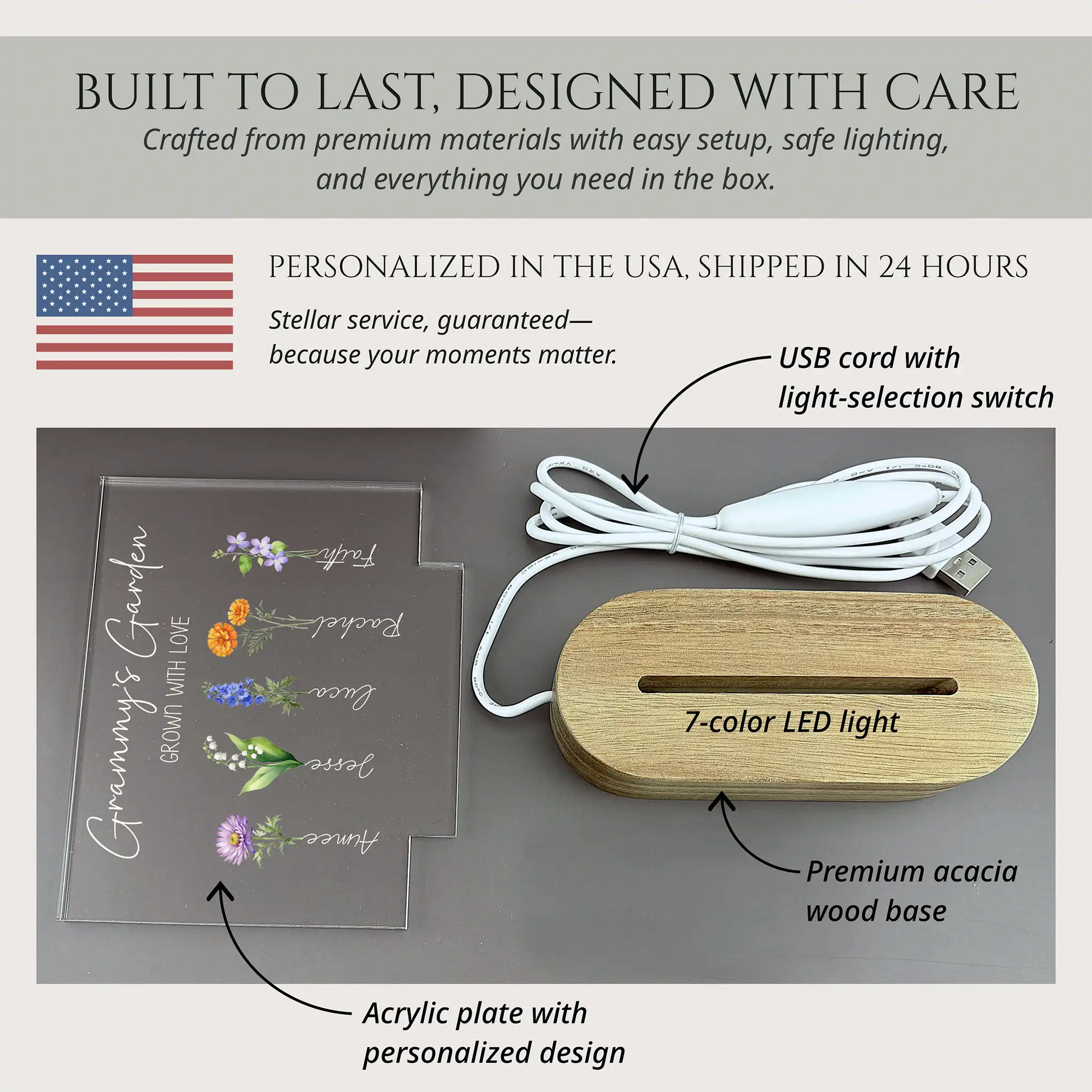 Wooden 7-color LED light with USB cord, acrylic plate, and premium acacia wood base on a gray background.