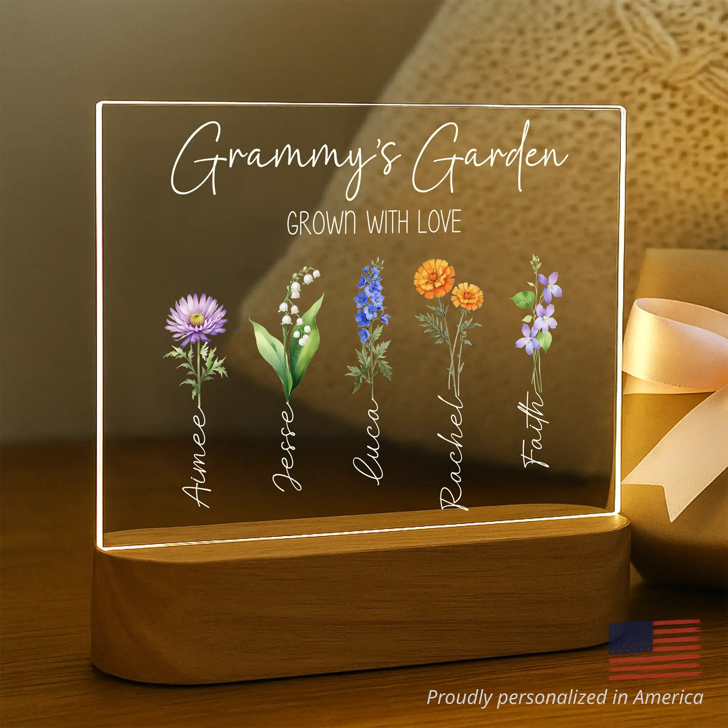 Mom's Garden Where Love Grows night light with watercolor birth flowers paired with engraved names
