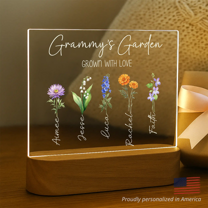 Mom's Garden Where Love Grows night light with watercolor birth flowers paired with engraved names
