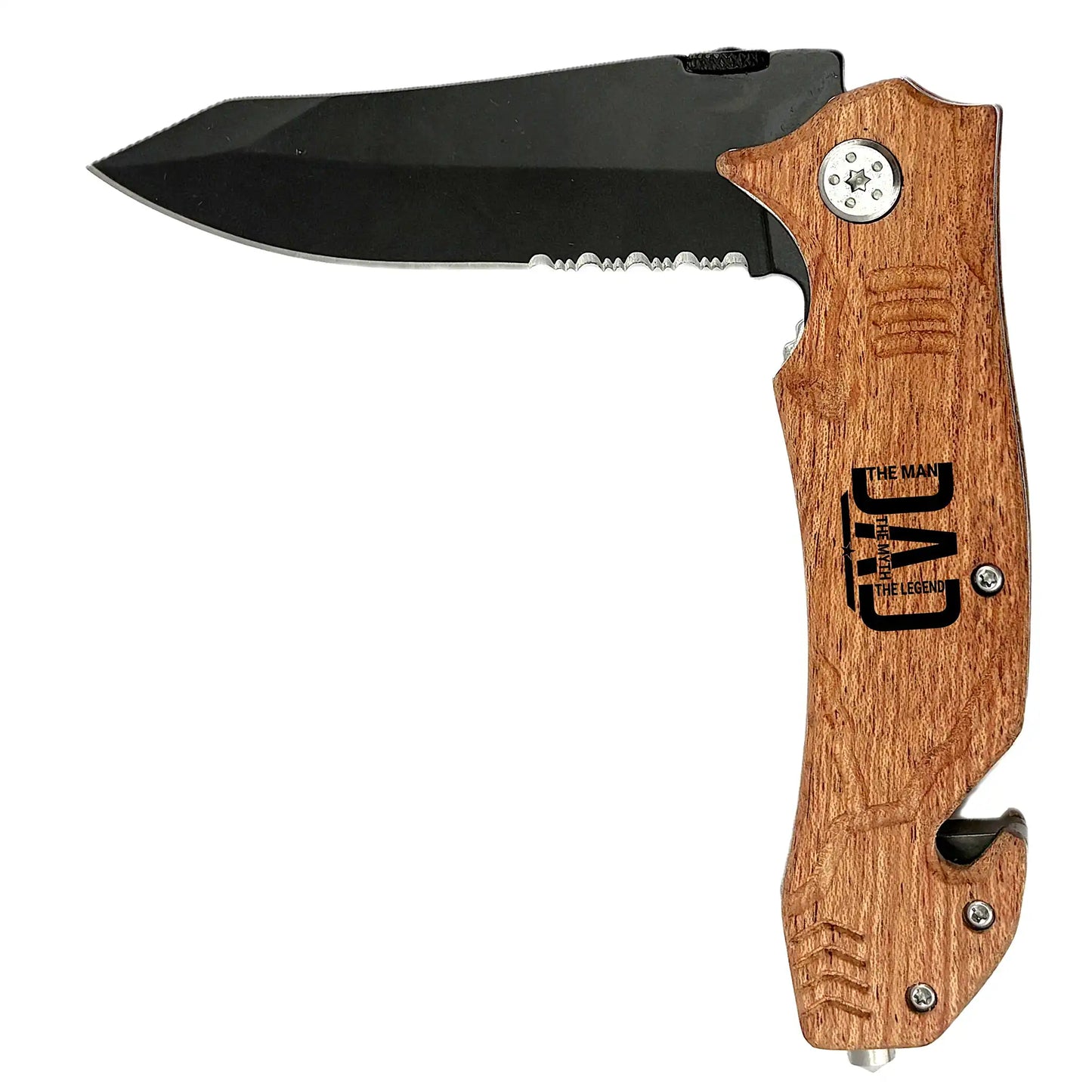Personalized engraved pocket knife for men open view showing black semi-serrated blade and wood handle with seat-belt cutter and glass breaker