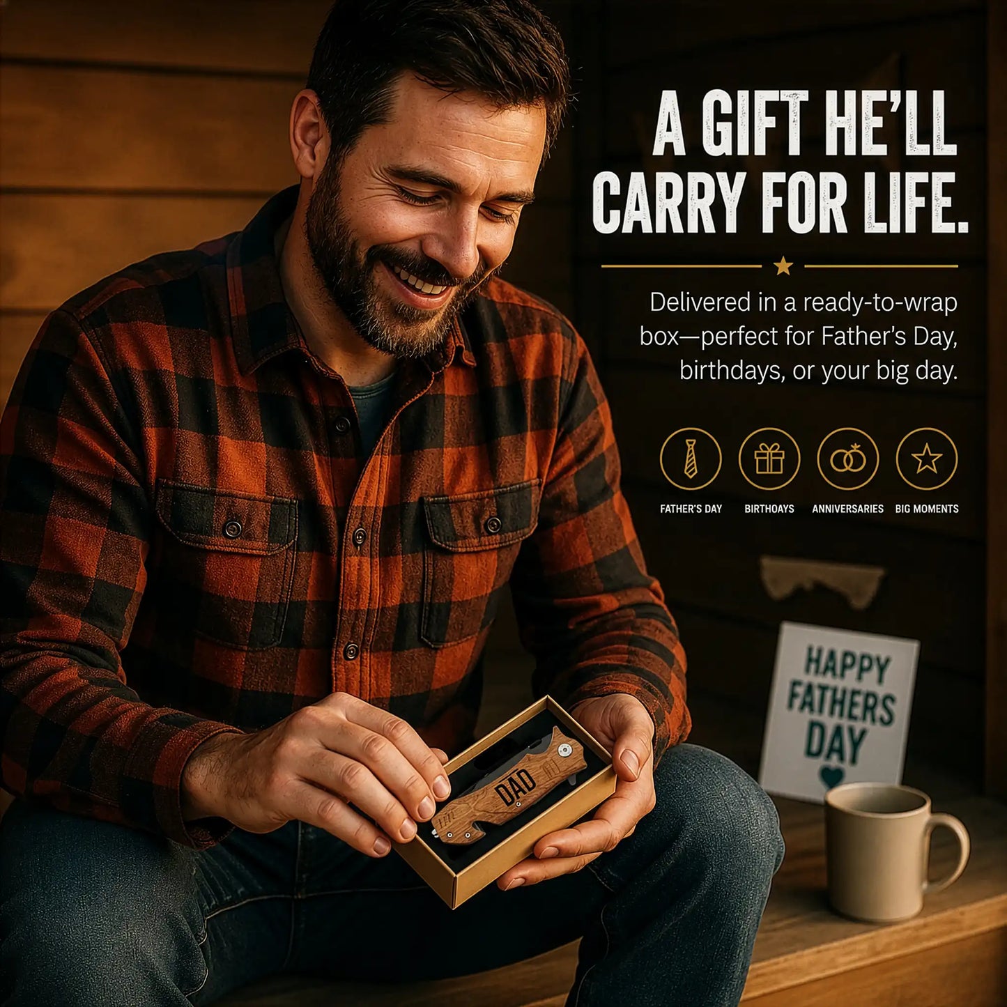 Dad smiling while opening personalized engraved pocket knife Fathers Day gift in ready-to-wrap keepsake box