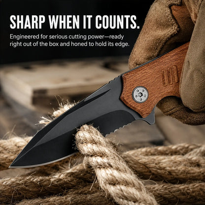 Personalized engraved pocket knife for men cutting through thick rope showing sharp black semi-serrated stainless steel blade