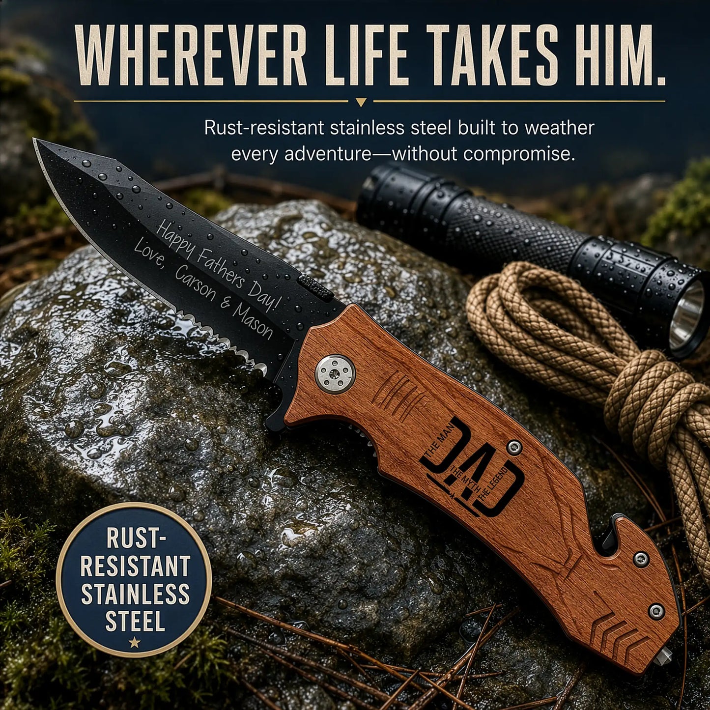 Rust-resistant personalized pocket knife for Dad engraved Happy Fathers Day Love Carson and Mason on wet rock with flashlight and paracord