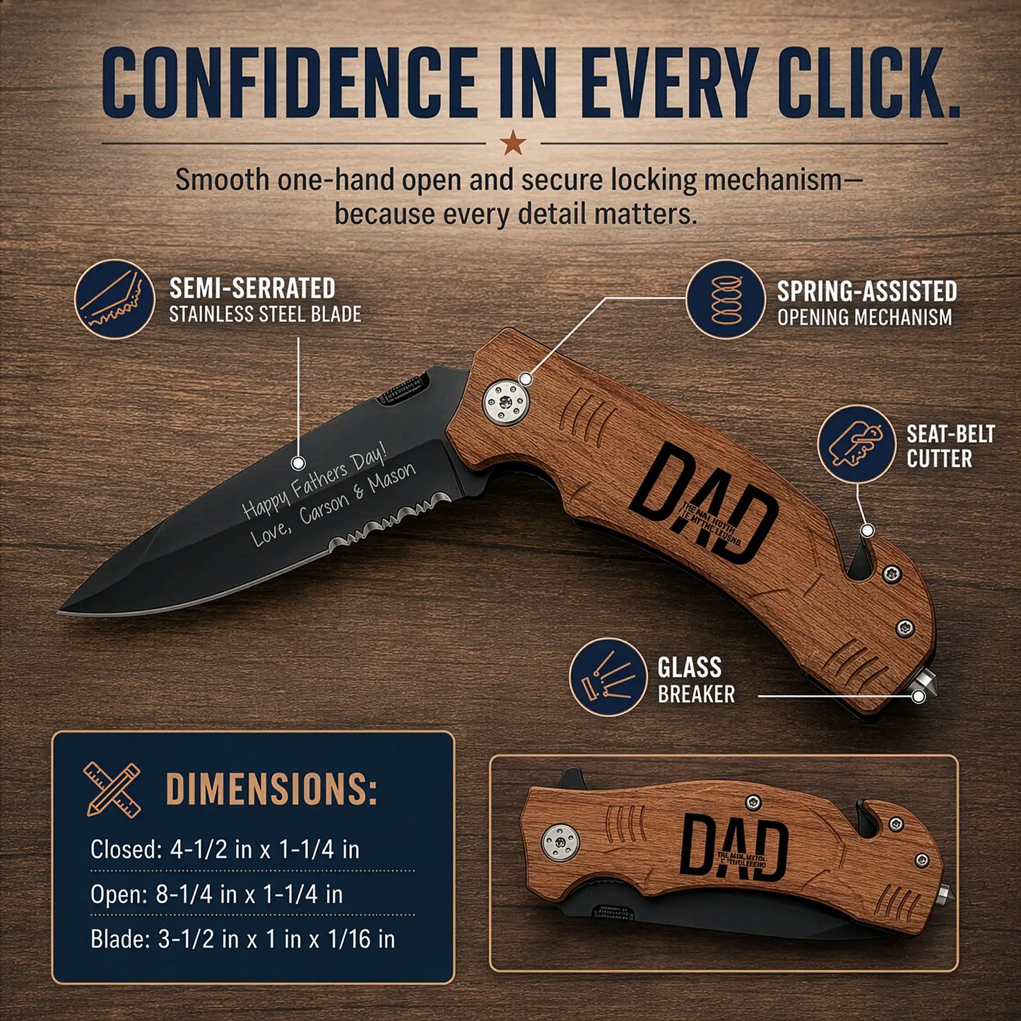 Personalized pocket knife features diagram showing spring-assisted opening, semi-serrated stainless steel blade, seat-belt cutter, glass breaker, and dimensions
