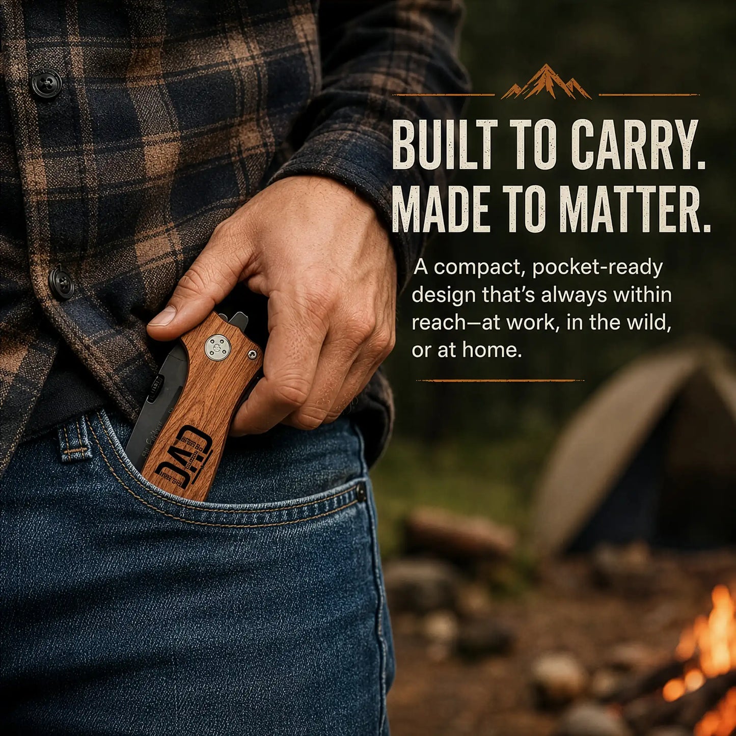 Compact personalized engraved pocket knife for Dad in jean pocket at campfire showing pocket-ready everyday carry design