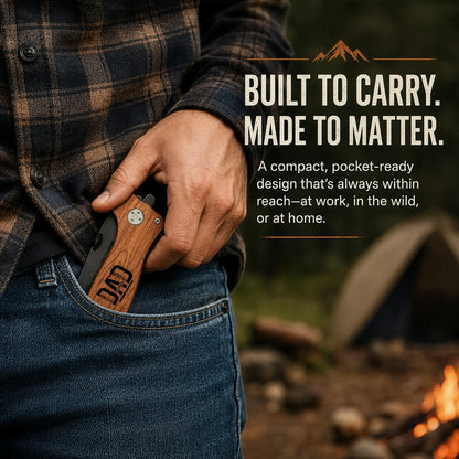 Compact personalized engraved pocket knife for Dad in jean pocket at campfire showing pocket-ready everyday carry design