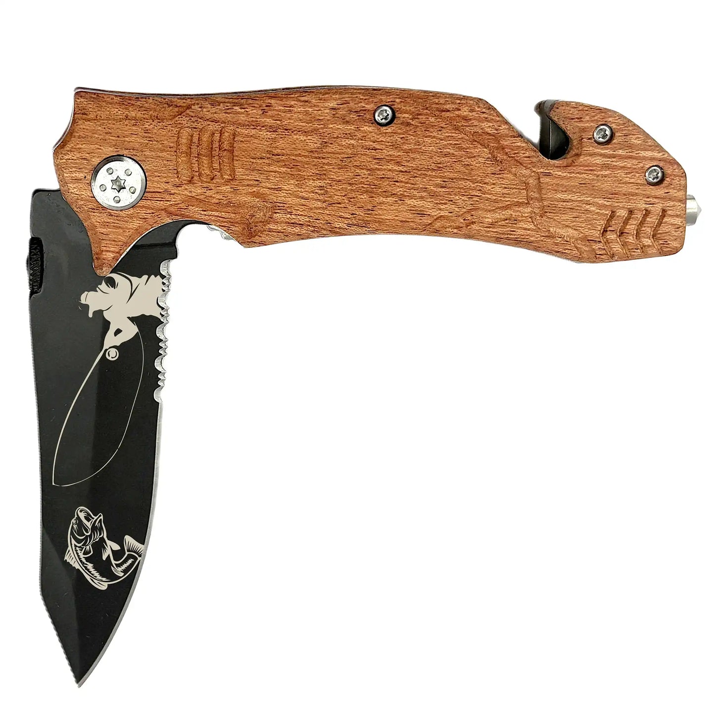 Personalized fishing pocket knife with white background
