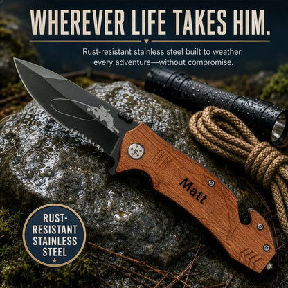 Personalized fishing pocket knife on wet stone with flashlight and rope, rust-resistant stainless steel feature callout