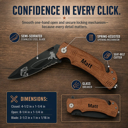Personalized fishing pocket knife feature diagram showing semi-serrated blade, spring-assisted opening, seat-belt cutter, glass breaker, and dimensions