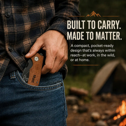 Man slipping personalized fishing pocket knife into jeans pocket at campsite, showing pocket-ready compact size