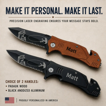Personalized fishing pocket knife shown in two handle options, padauk wood and black anodized aluminum, with Matt engraving