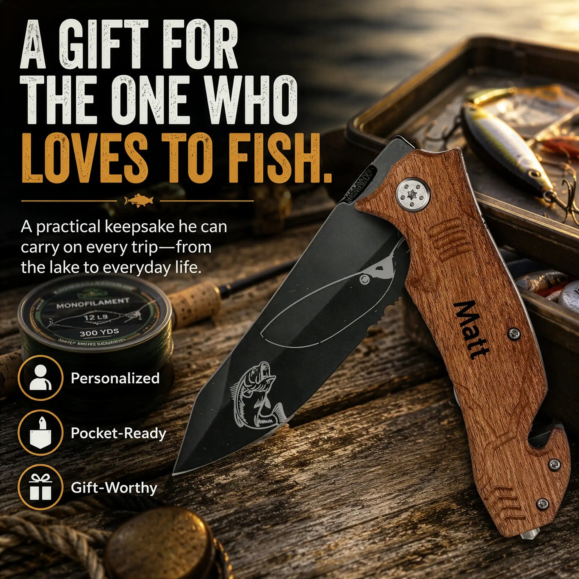 Personalized fishing pocket knife with bass engraving displayed alongside fishing tackle, lures, and monofilament line
