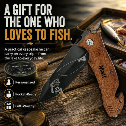 Personalized fishing pocket knife with bass engraving displayed alongside fishing tackle, lures, and monofilament line