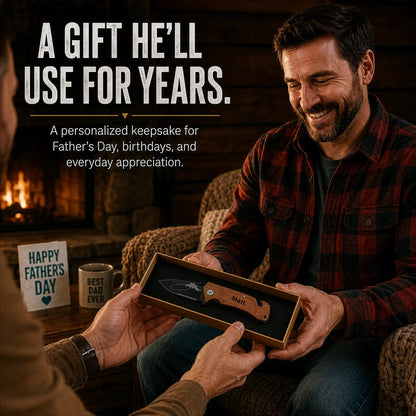 Father receiving personalized fishing pocket knife as a Father's Day gift in wood presentation box by the fireplace