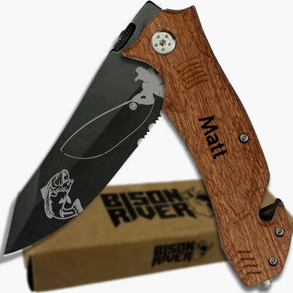 Personalized fishing pocket knife with bass engraved black blade and padauk wood handle, shown open