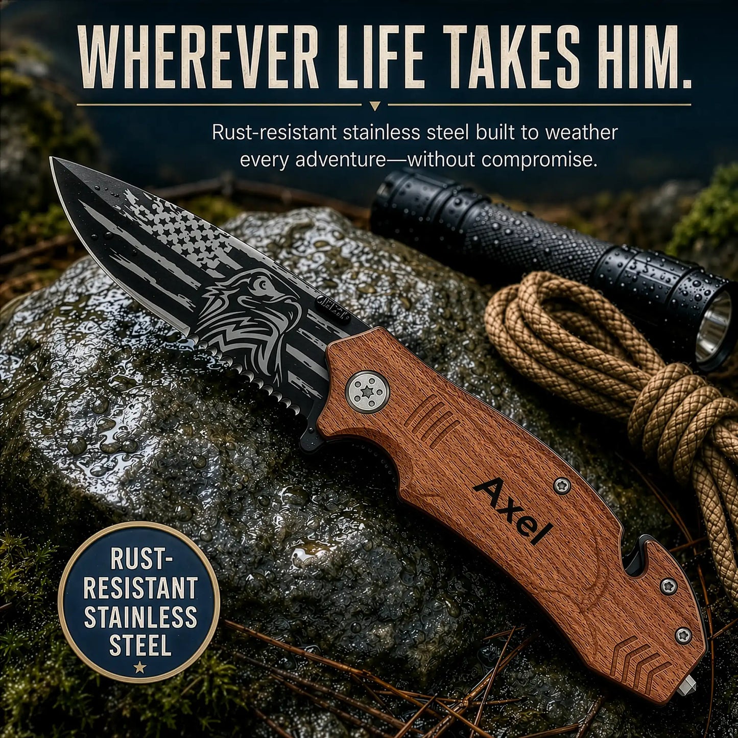 Personalized Pocket Knife For Men - Patriotic Wooden Handle