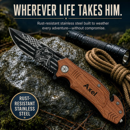 Personalized Pocket Knife For Men - Patriotic Wooden Handle