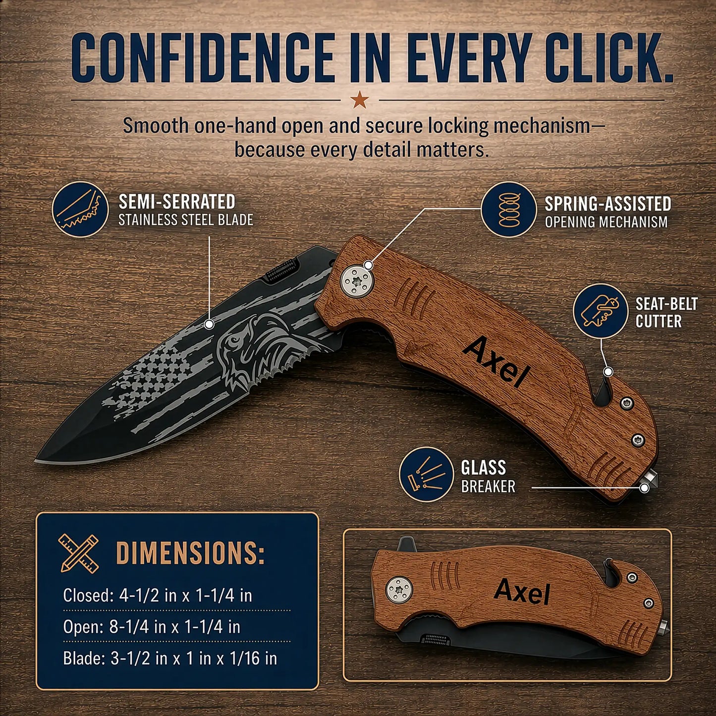 Personalized Pocket Knife For Men - Patriotic Wooden Handle