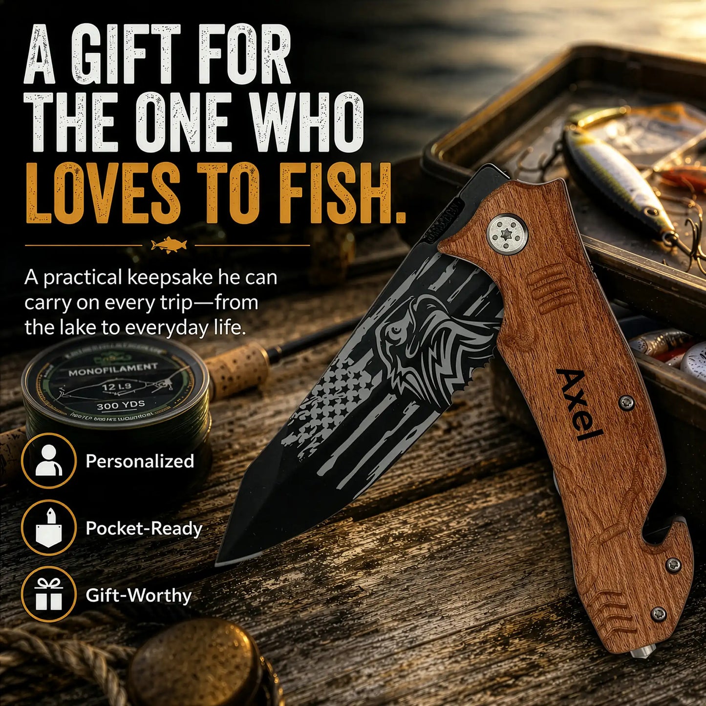 Personalized Pocket Knife For Men - Patriotic Wooden Handle