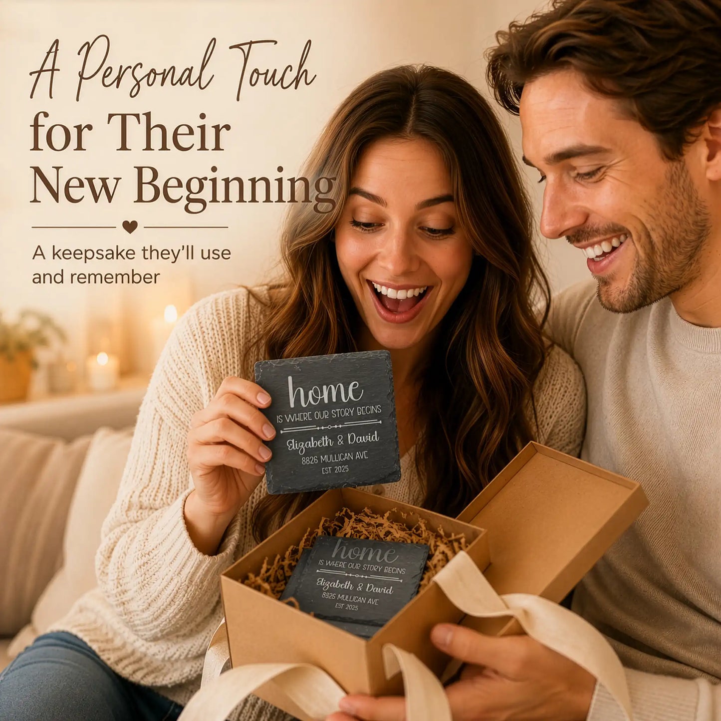 Couple opening a gift box together with a personalized coaster, surrounded by warm lighting.