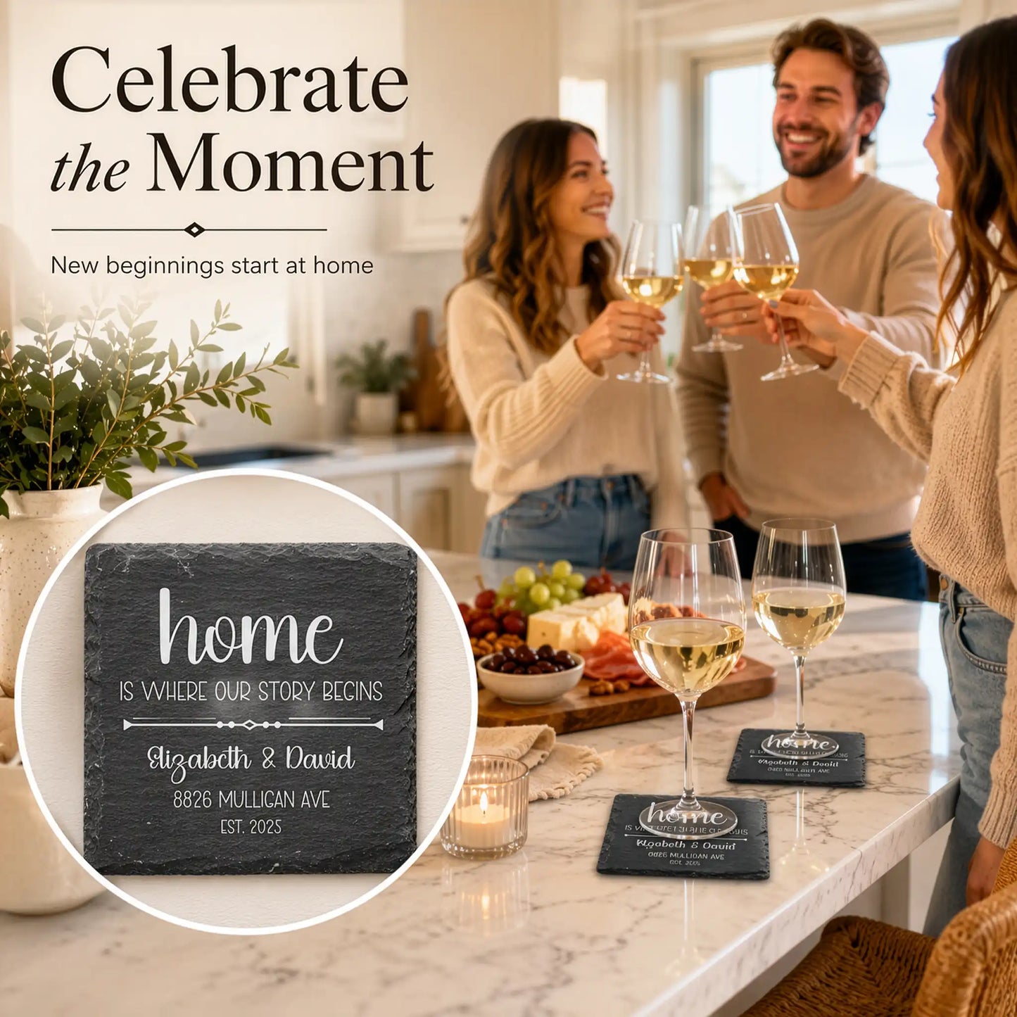 People celebrating with wine at home, featuring a personalized 'home' coaster design.