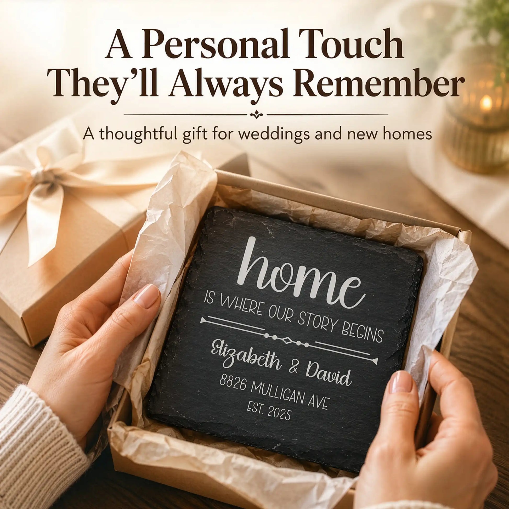 Personalized slate coaster with 'home is where our story begins' text, held by hands with a warm background.