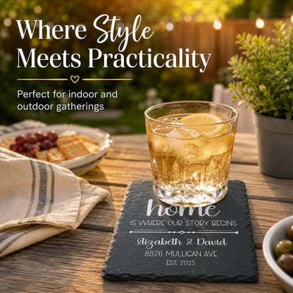 Glass of iced drink on a slate coaster with outdoor setting and text about style and practicality.