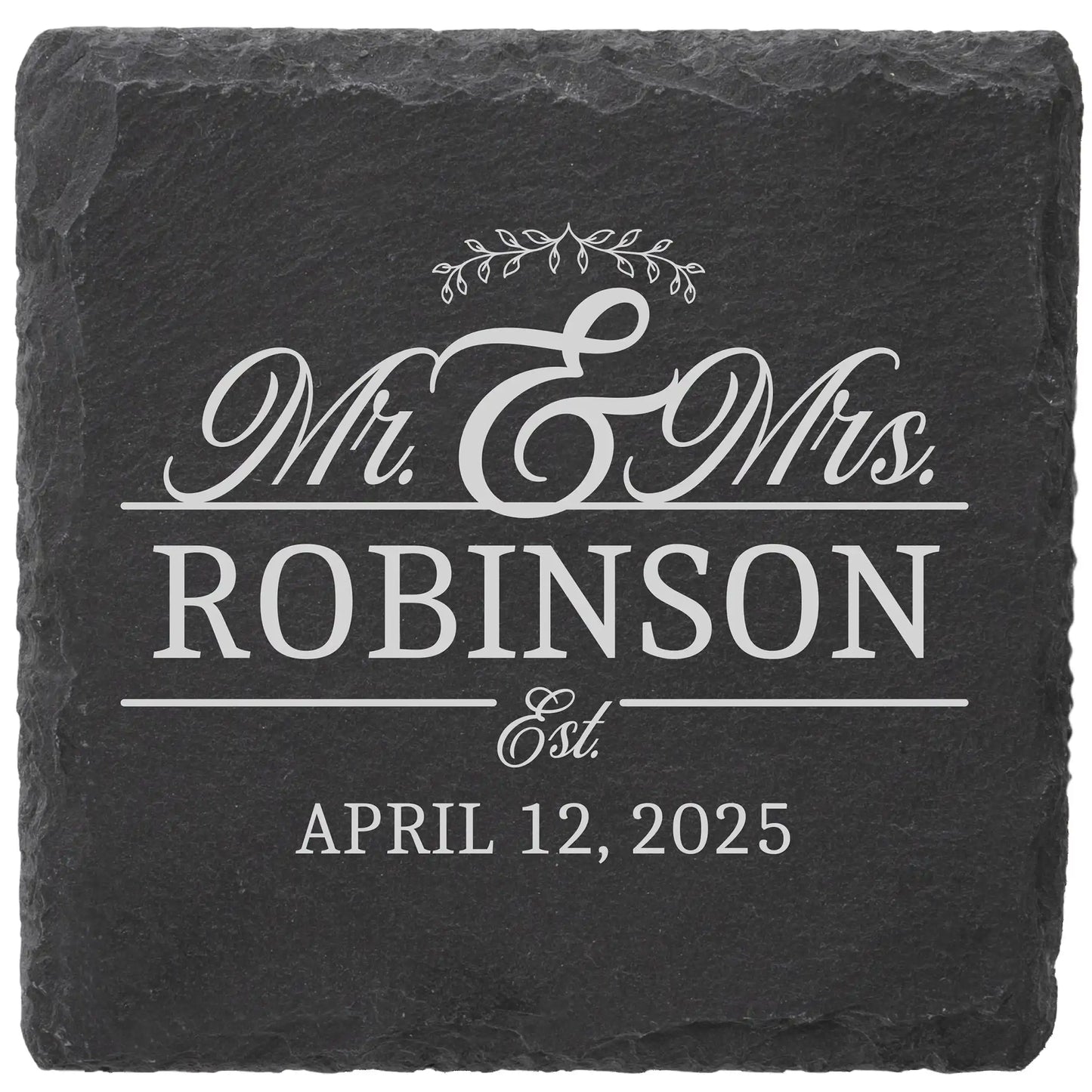 Personalized Mr and Mrs slate coaster engraved with last name and wedding date, wedding gift for couples