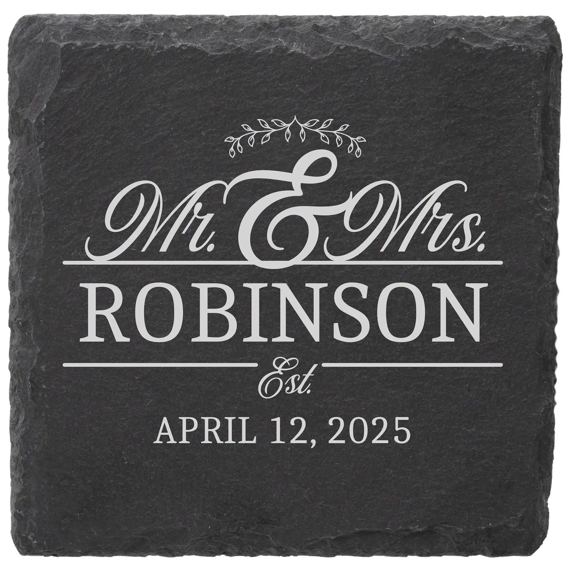 Personalized Mr and Mrs slate coaster engraved with last name and wedding date, wedding gift for couples