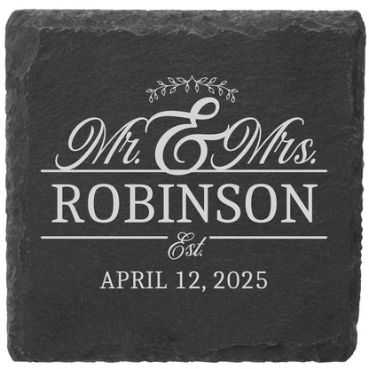 Personalized Mr and Mrs slate coaster engraved with last name and wedding date, wedding gift for couples