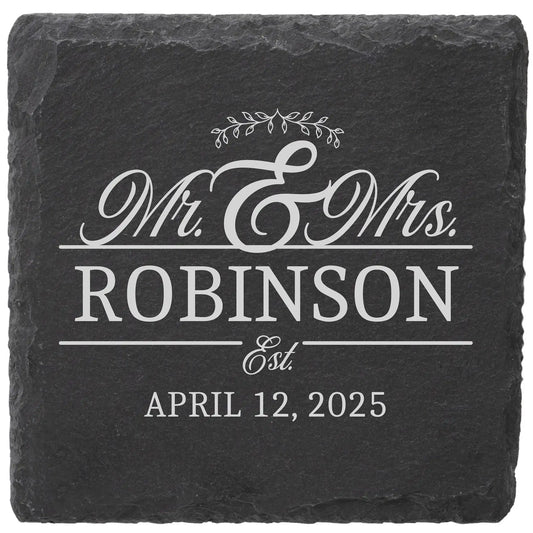Personalized Mr and Mrs slate coaster engraved with last name and wedding date, wedding gift for couples