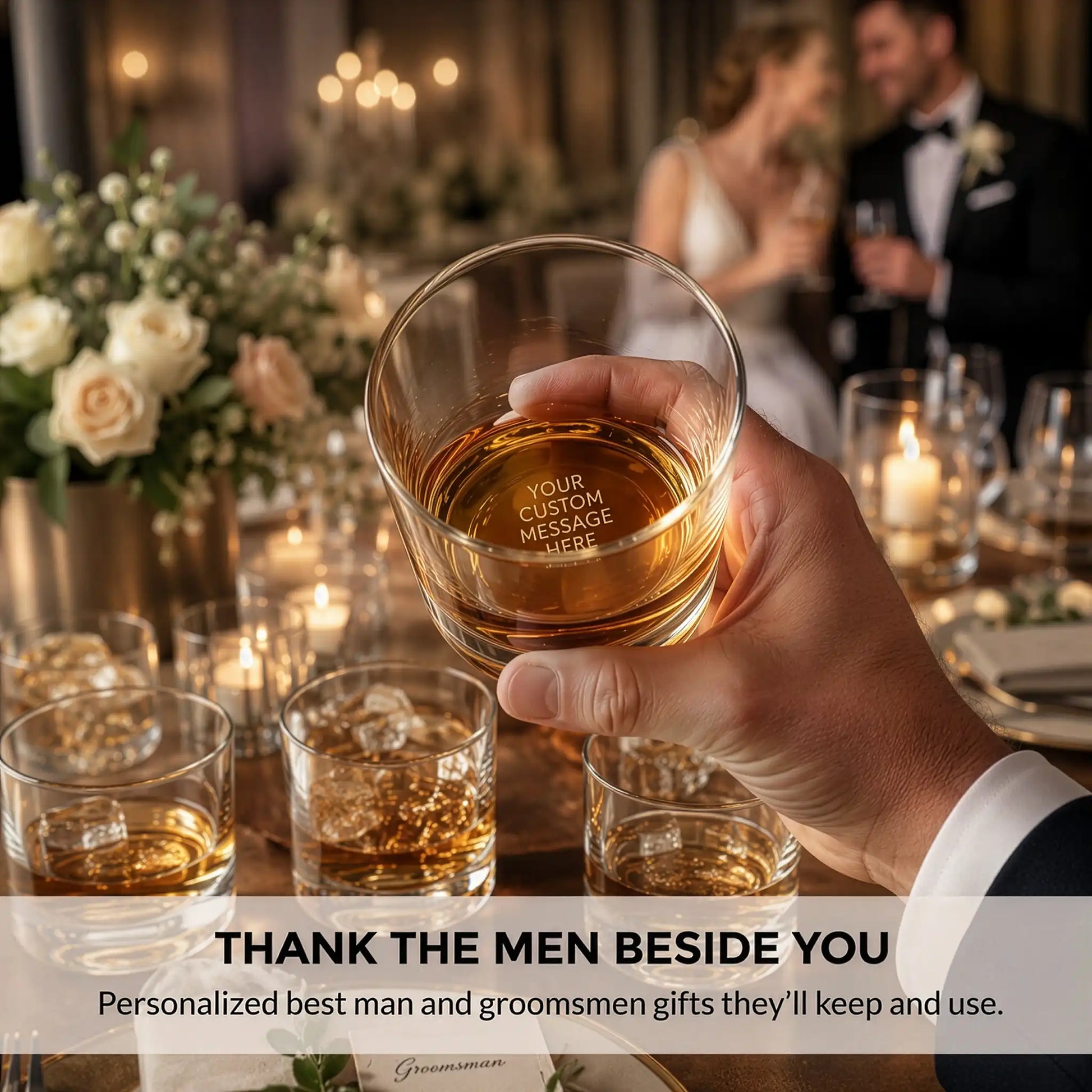 Groomsman holding a personalized engraved whiskey glass at a wedding reception with custom message visible
