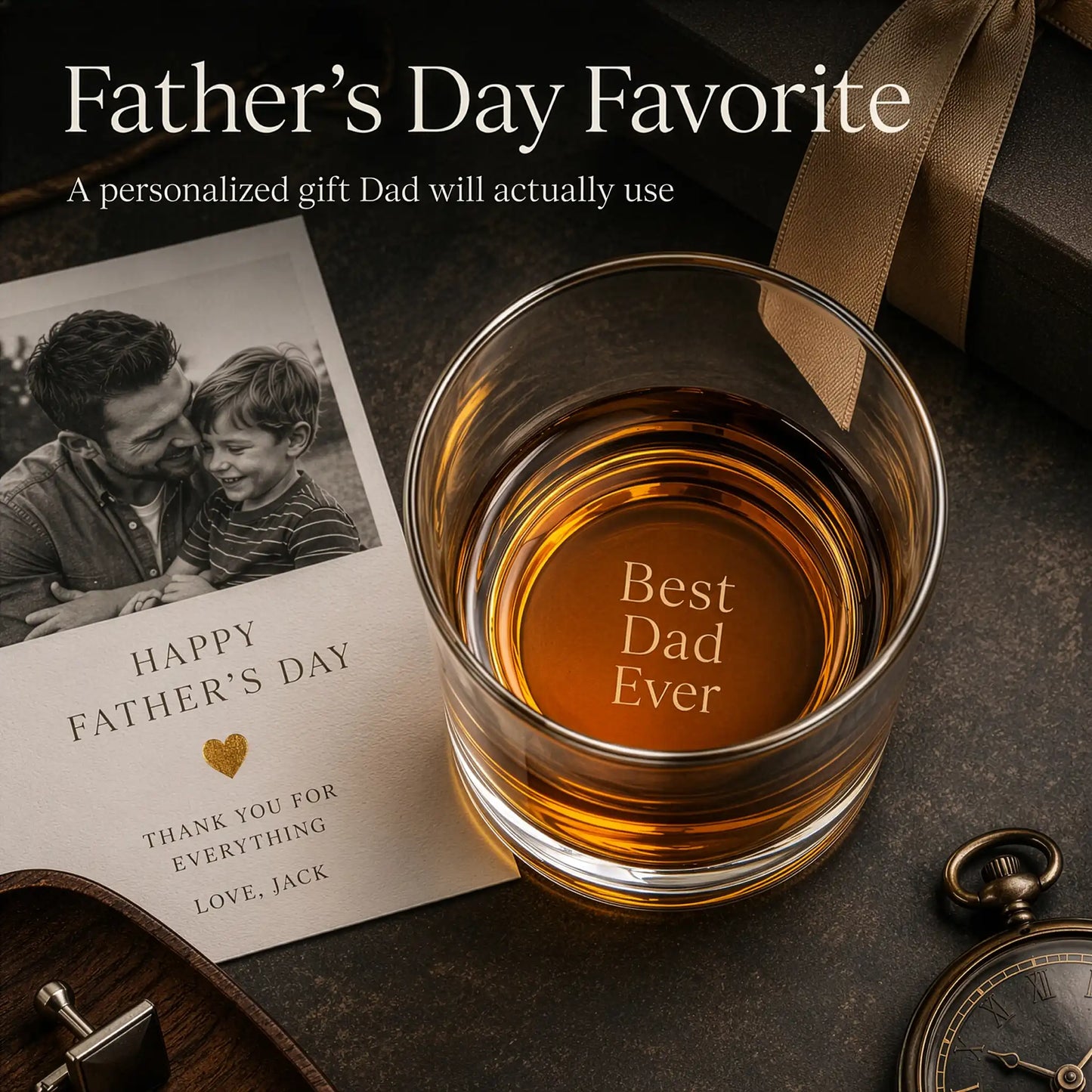 Personalized Father's Day whiskey glass engraved "Best Dad Ever" beside a photo card and gift box

