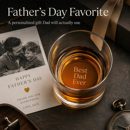 Personalized Father's Day whiskey glass engraved "Best Dad Ever" beside a photo card and gift box
