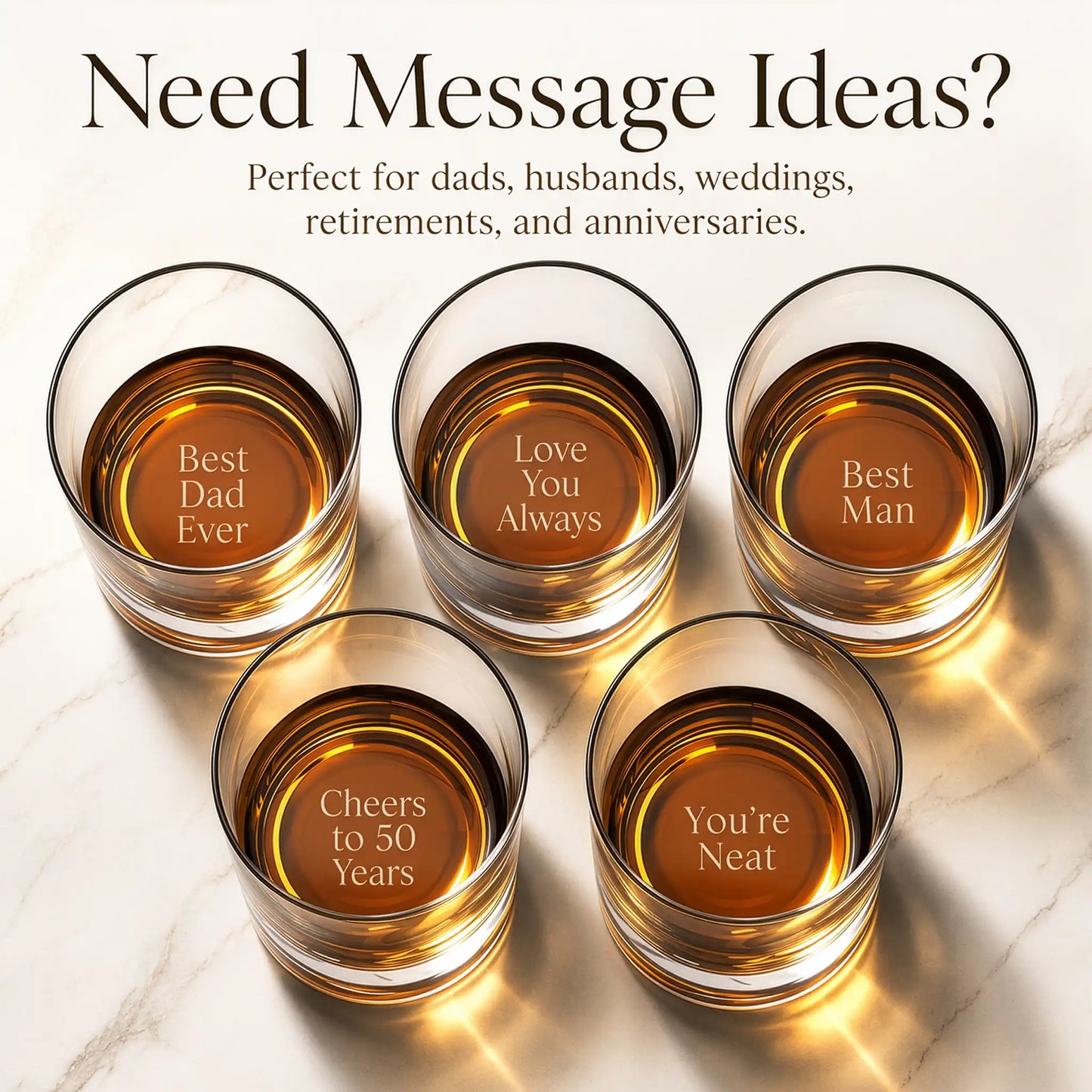 Five personalized rocks glasses with engraved messages for dads, husbands, weddings, retirements, and anniversaries
