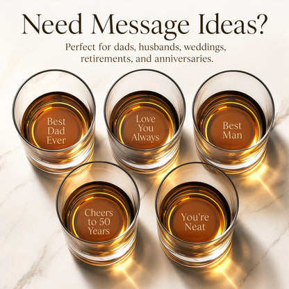 Five personalized rocks glasses with engraved messages for dads, husbands, weddings, retirements, and anniversaries
