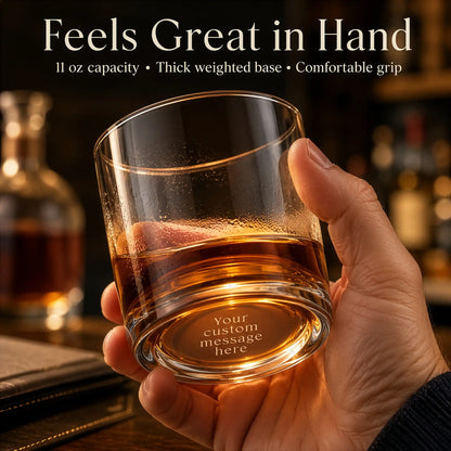 Hand holding 11 oz personalized whiskey glass with custom engraved base in a home bar setting

